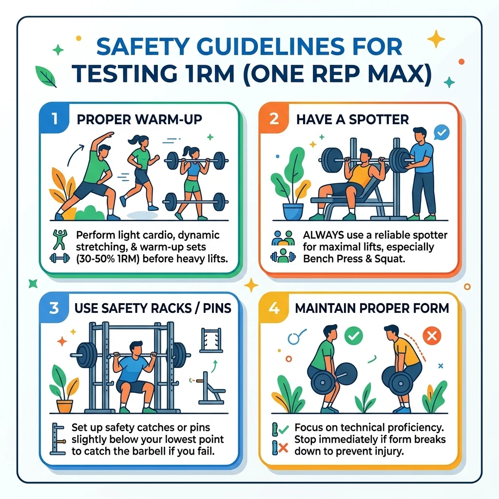 Strength training safety infographic outlining warm-ups, using spotters, setting safety bars, and maintaining strict technique.