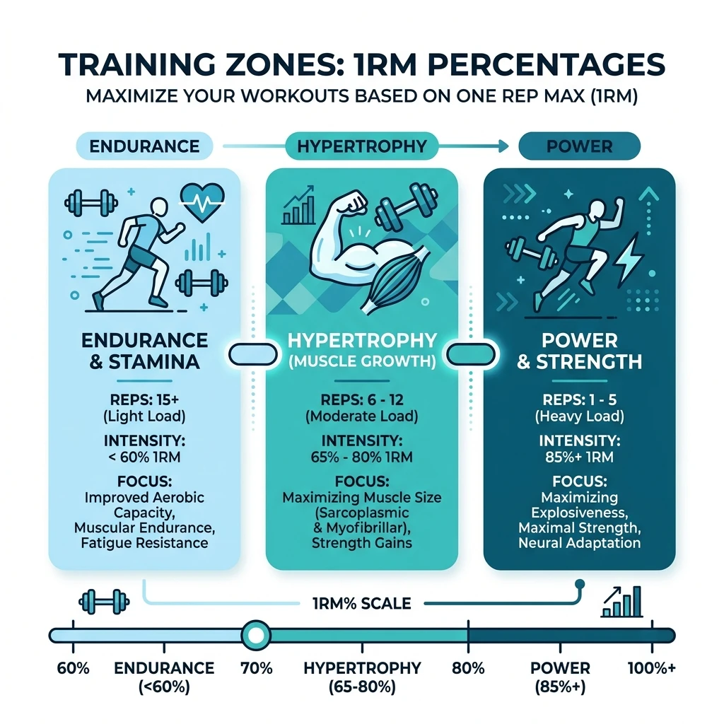 Vector chart mapping One Rep Max percentages to athletic training outcomes: Strength, Hypertrophy, and Endurance.