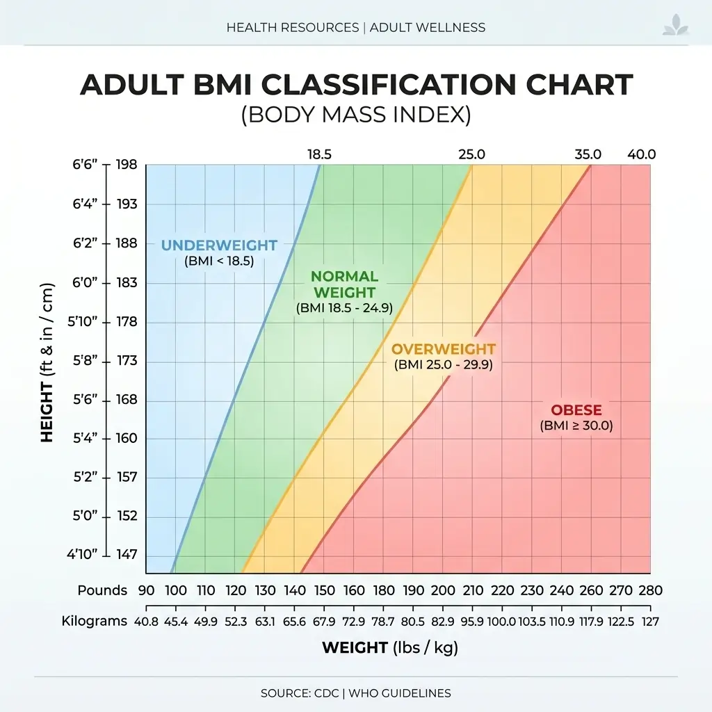 Adult BMI chart mapping height in feet/inches and centimeters to weight in pounds and kilograms to visualize underweight, normal, overweight, and obese categories.