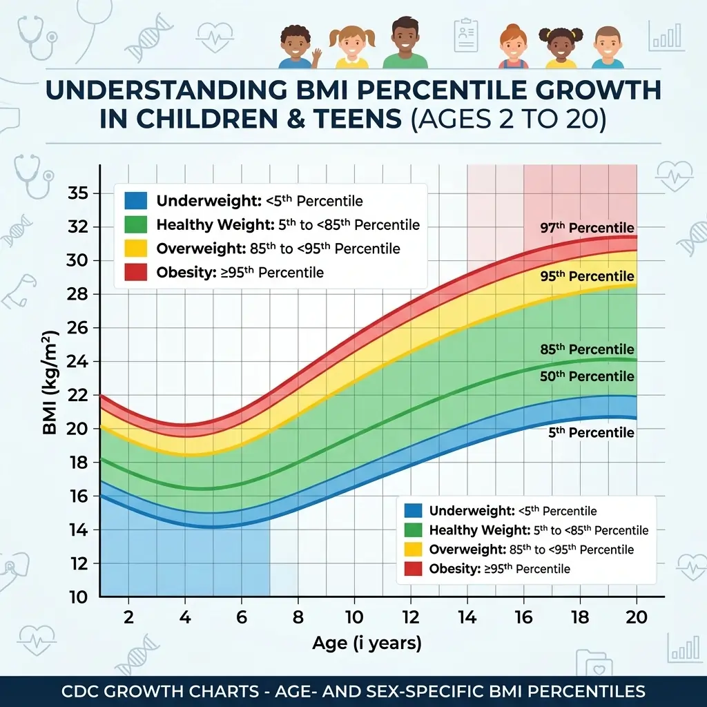CDC BMI-for-age percentile growth chart for boys and girls aged 2 to 20 showing the 5th, 50th, 85th, and 95th percentile curves.