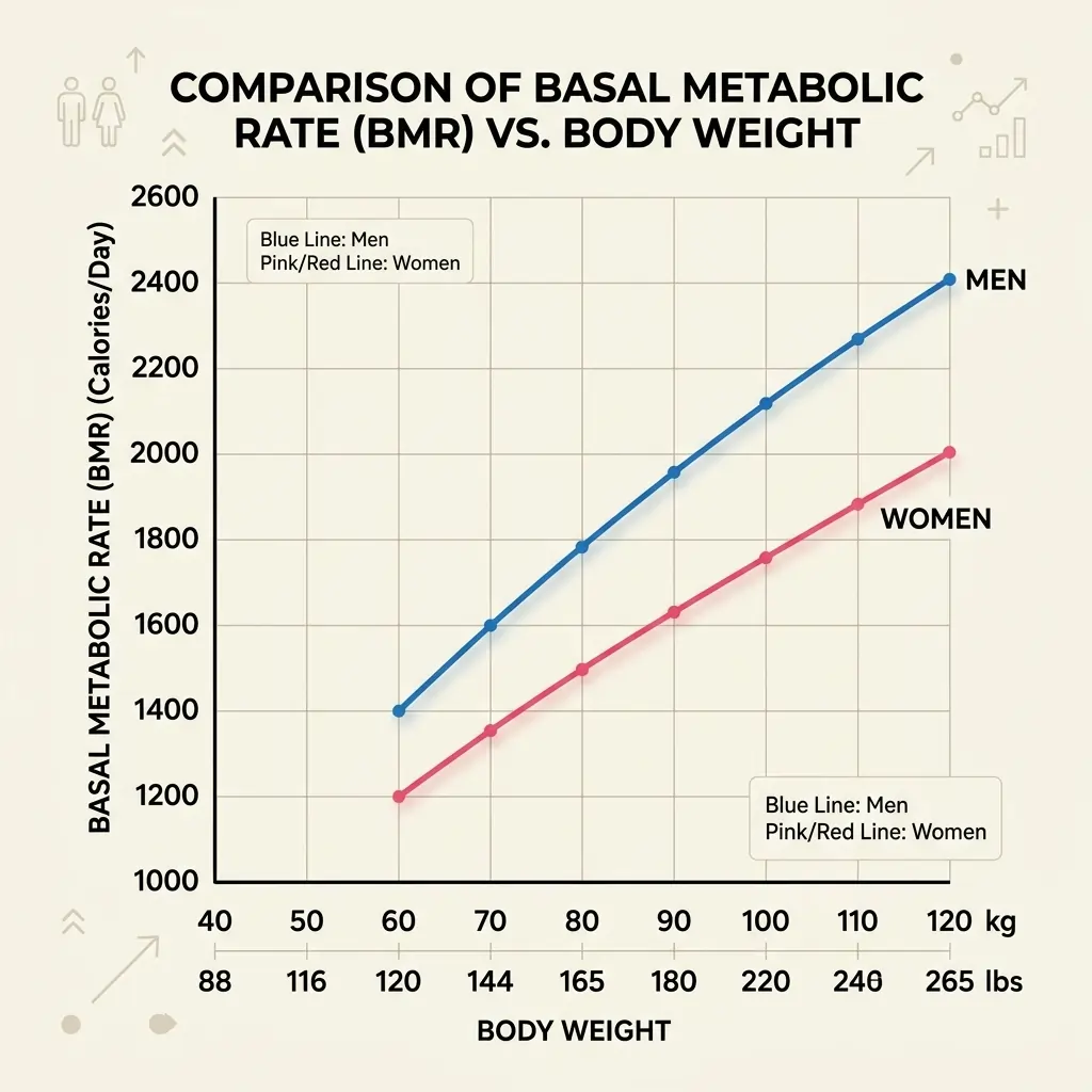 BMR curve graph showing basal metabolic rate calories per day plotted against weight in kilograms and pounds for both men and women.