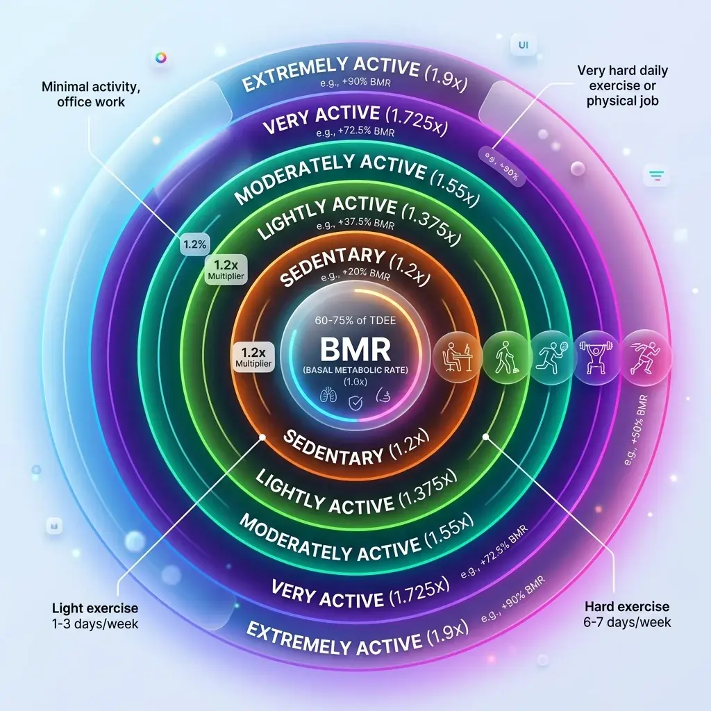 Circular infographic displaying activity level multipliers for TDEE, showing values from 1.2x sedentary up to 1.9x extremely active.