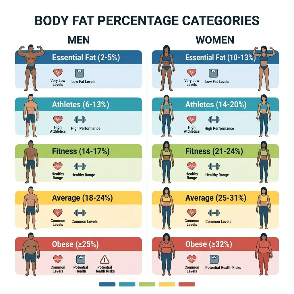 ACE body fat classification chart illustrating percentage ranges for essential fat, athletes, fitness, average, and obese categories for men and women.