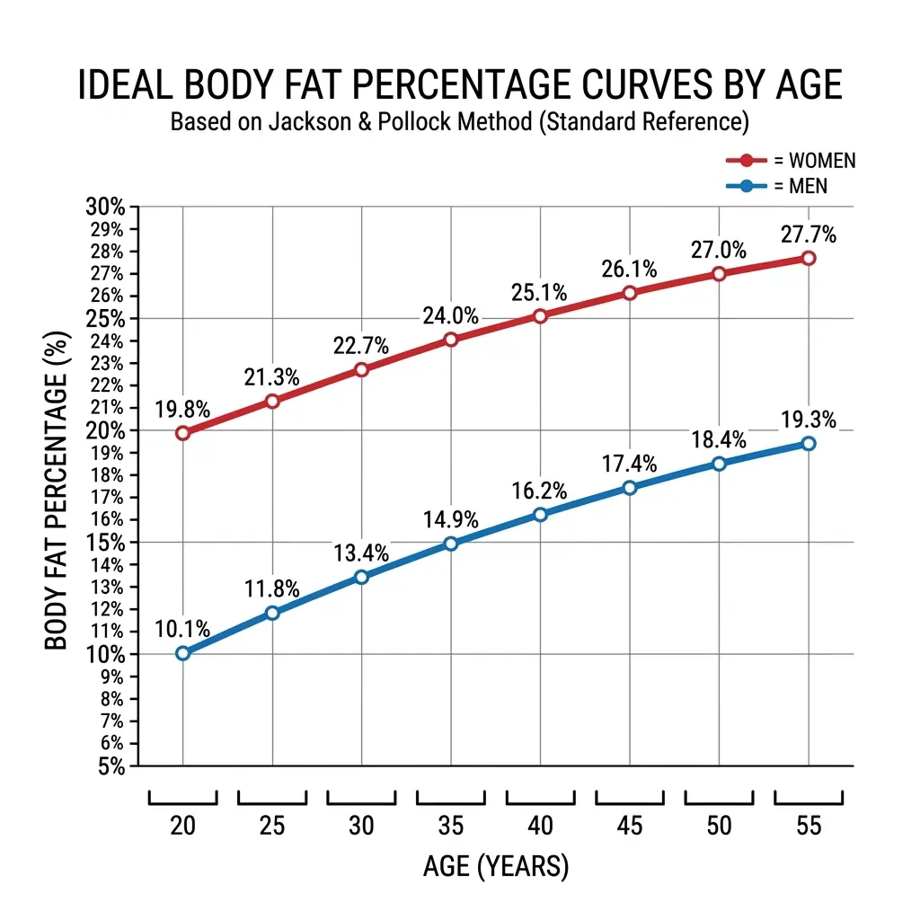 Ideal body fat curves showing recommended body fat percentages by age for men and women based on the Jackson & Pollock method.