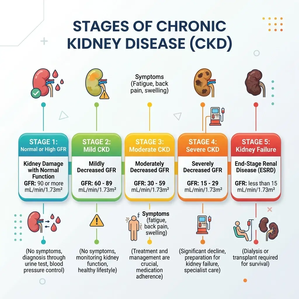 CKD stages chart mapping Stage 1 to Stage 5 kidney failure based on GFR thresholds.