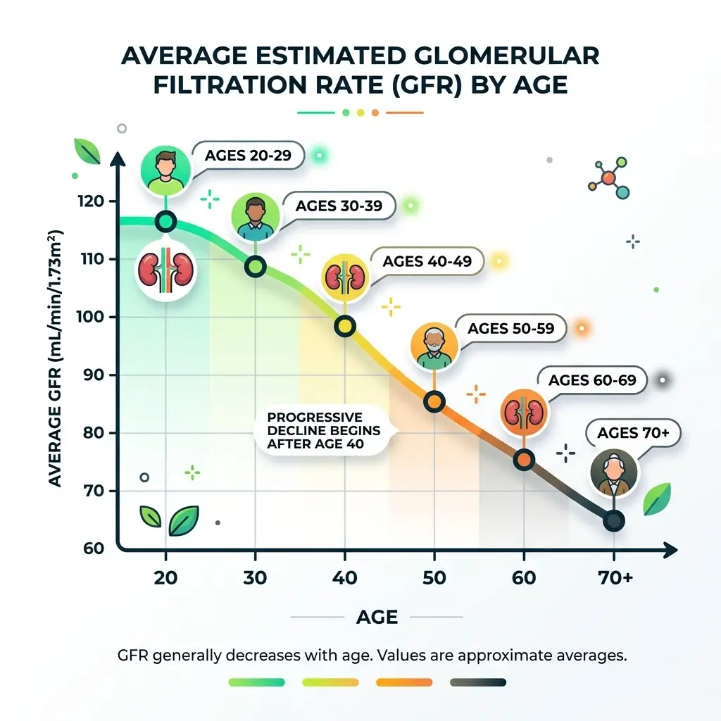 Infographic showing population mean estimated GFR values by age range.