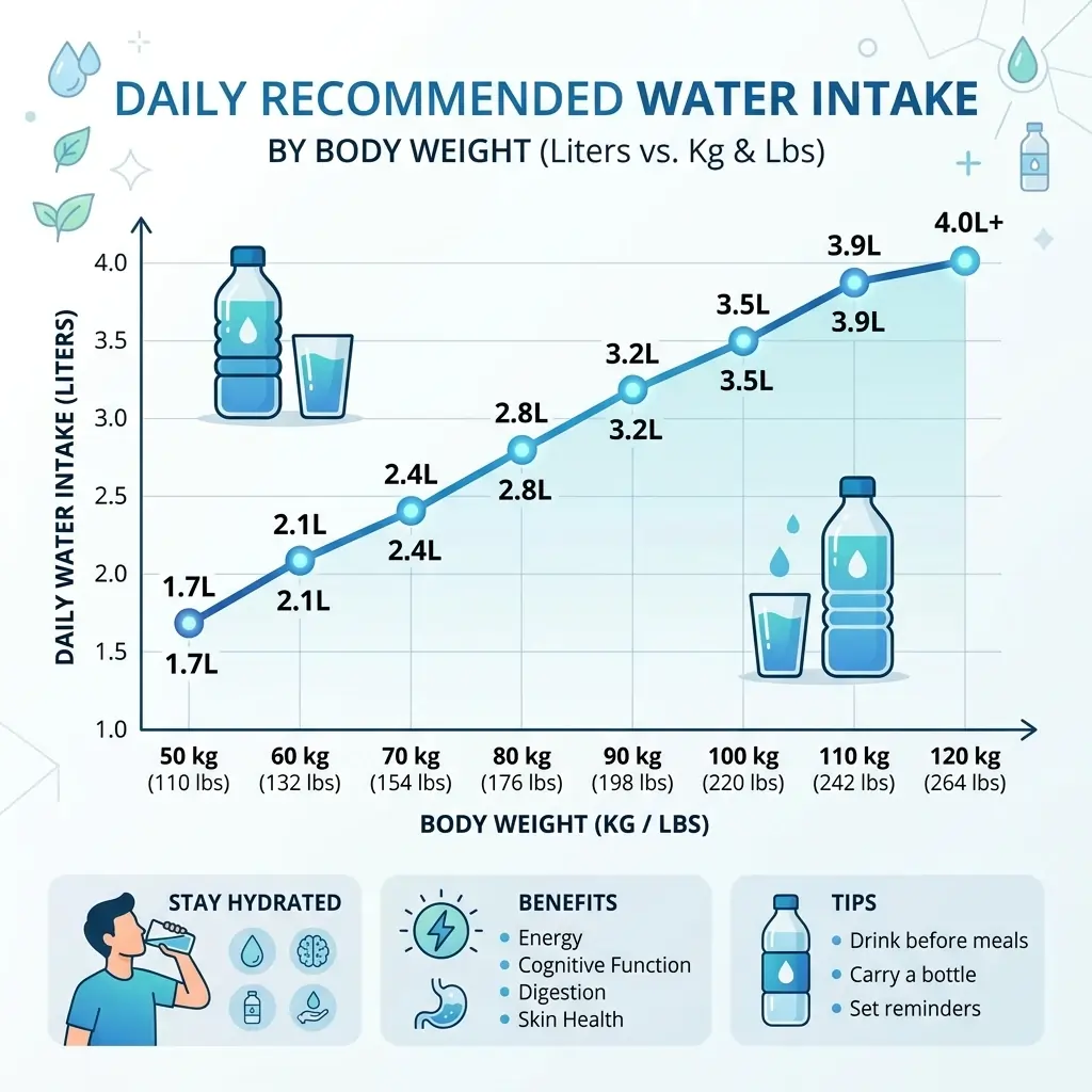 Daily recommended water intake chart in liters plotted against body weight in kilograms and pounds.