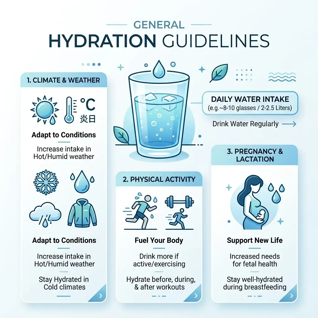 Vector infographic showing factors that influence daily water needs, including climate, activity level, and pregnancy/lactation offsets.