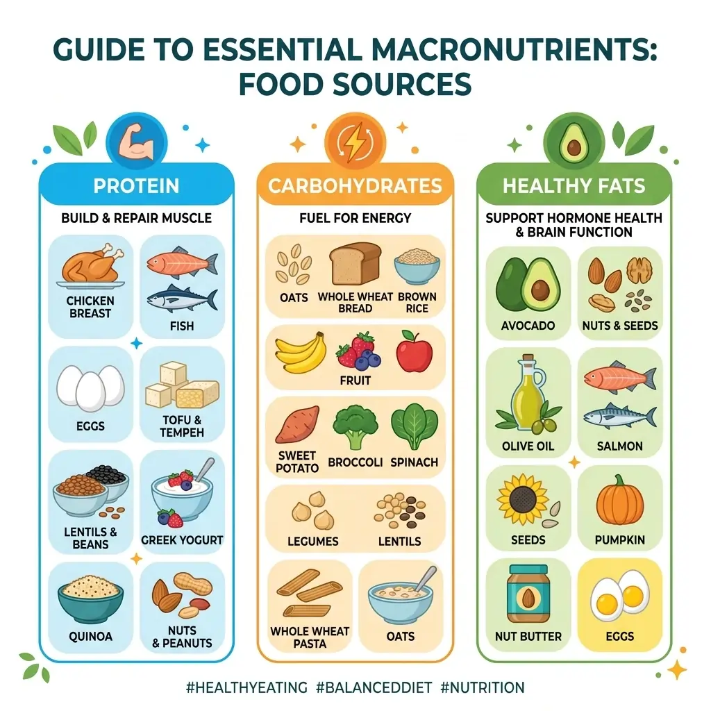 Modern health infographic showing healthy whole food sources for protein, carbohydrates, and lipids.
