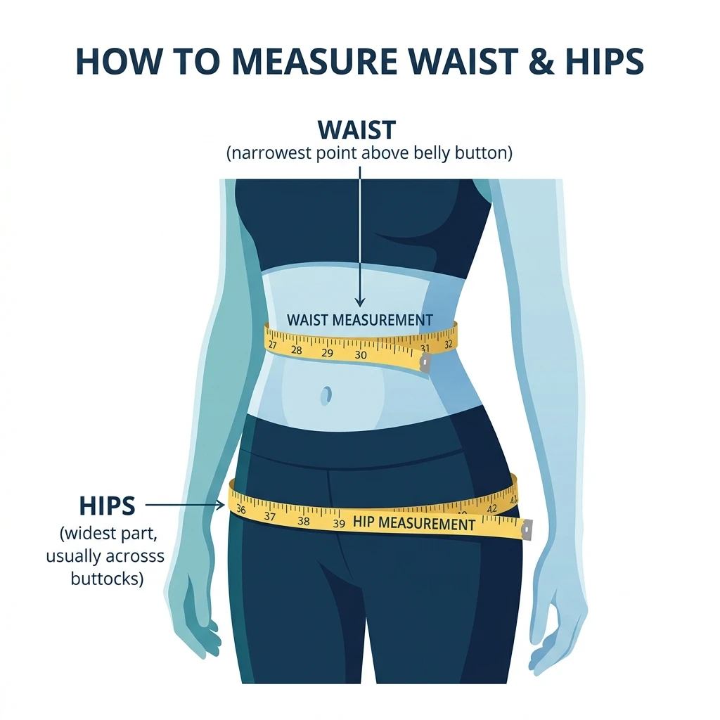 Vector illustration demonstrating how to measure the narrowest point of the waist and widest point of the hips.